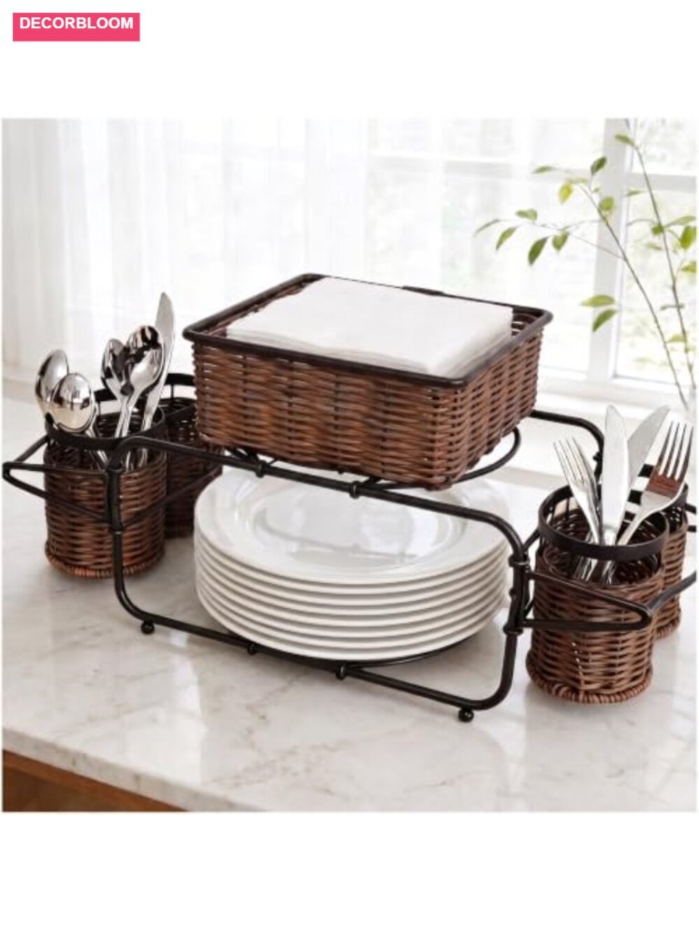 2-Tier Woven Metal Rattan Utensil Caddy Napkin Holder Countertop Organizer